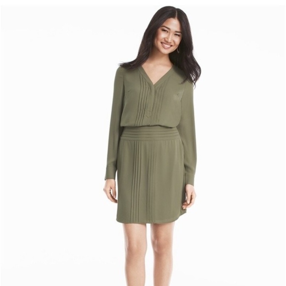 White House Black Market Olive‎ Green Pleated V Neck Shirt Dress Size 6